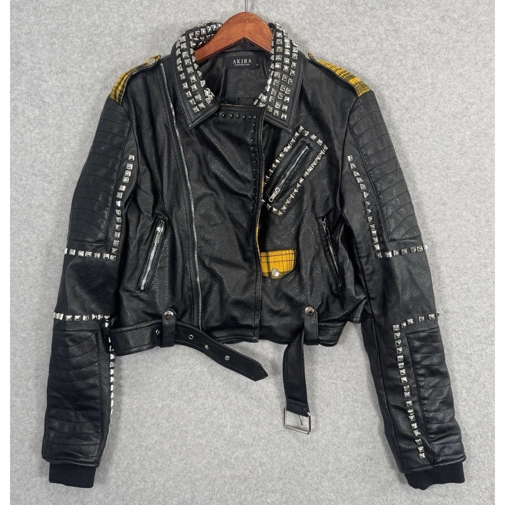 Azalea Wang Studded Vegan Leather Moto Jacket Plaid Monster High Frankie Stein M - Picture 3 of 16